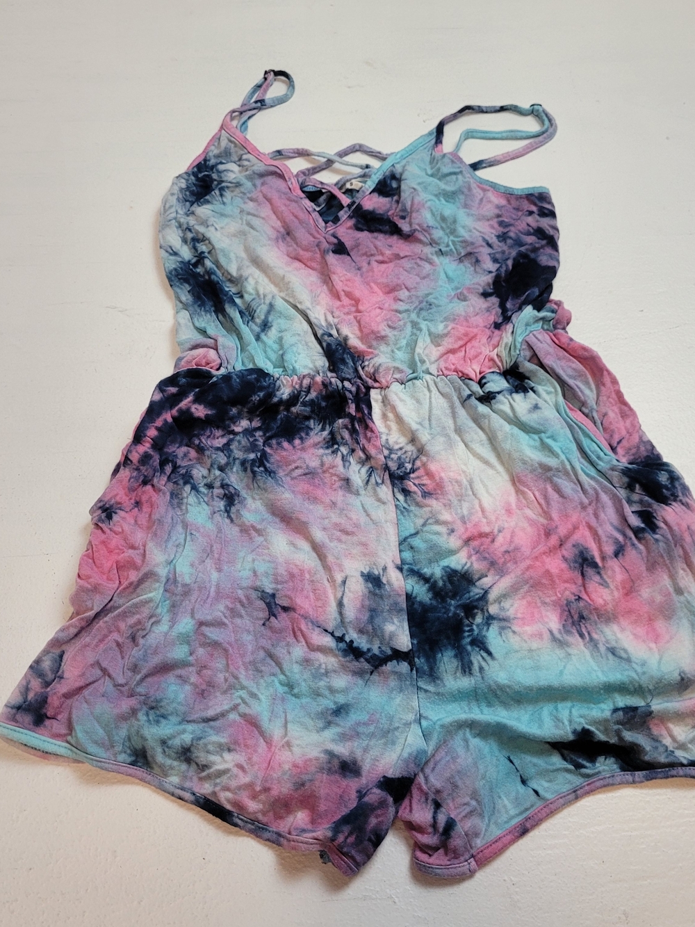Bear Dance Blue Tie-Dye Romper with Crisscross Detail